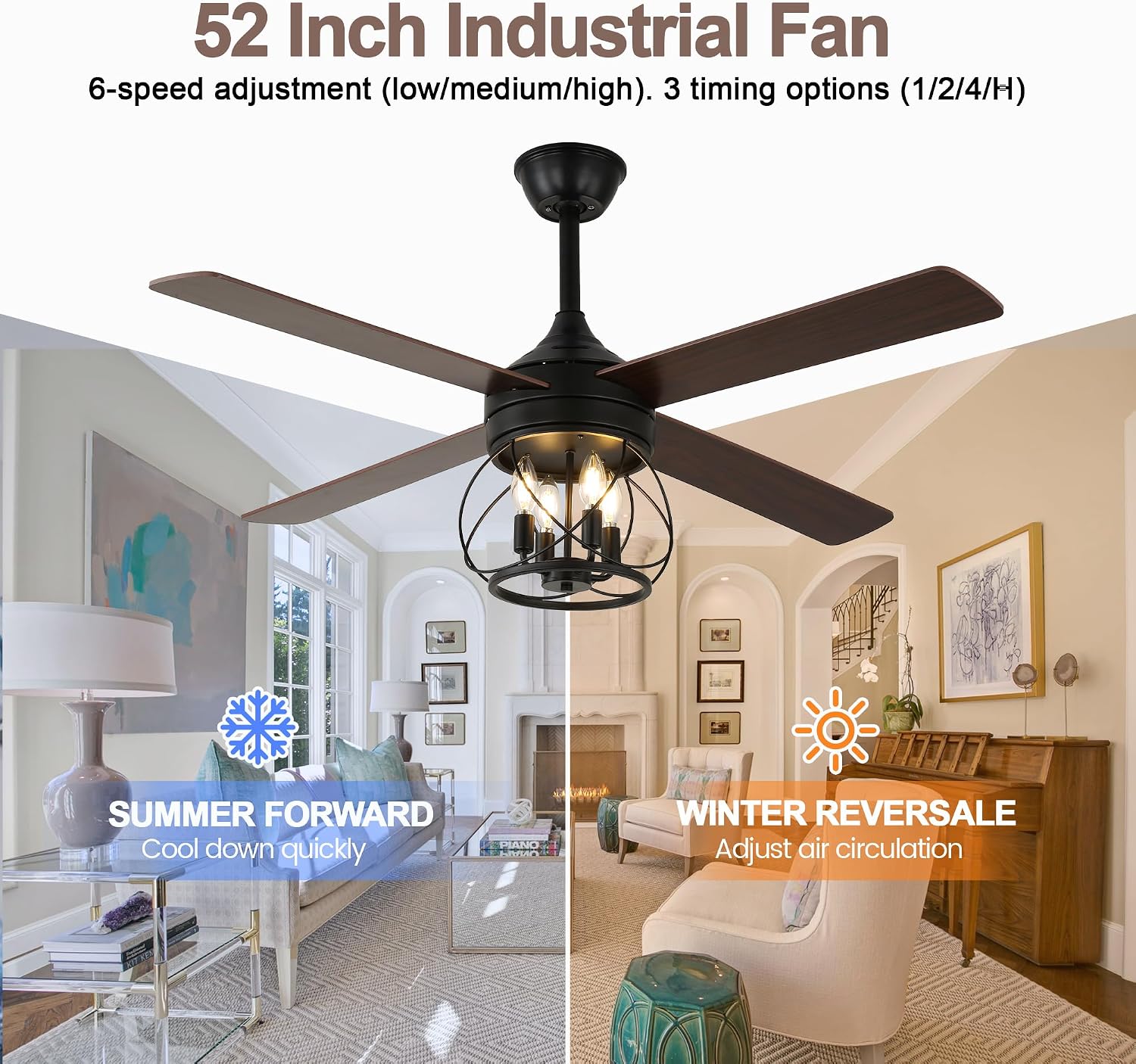 52 Inch Farmhouse Ceiling Fan with Light and Remote Industrial Ceiling Fan Quiet and Reversible DC Motor Rustic Caged Chandelier Fan for Living Room Bedroom Patio