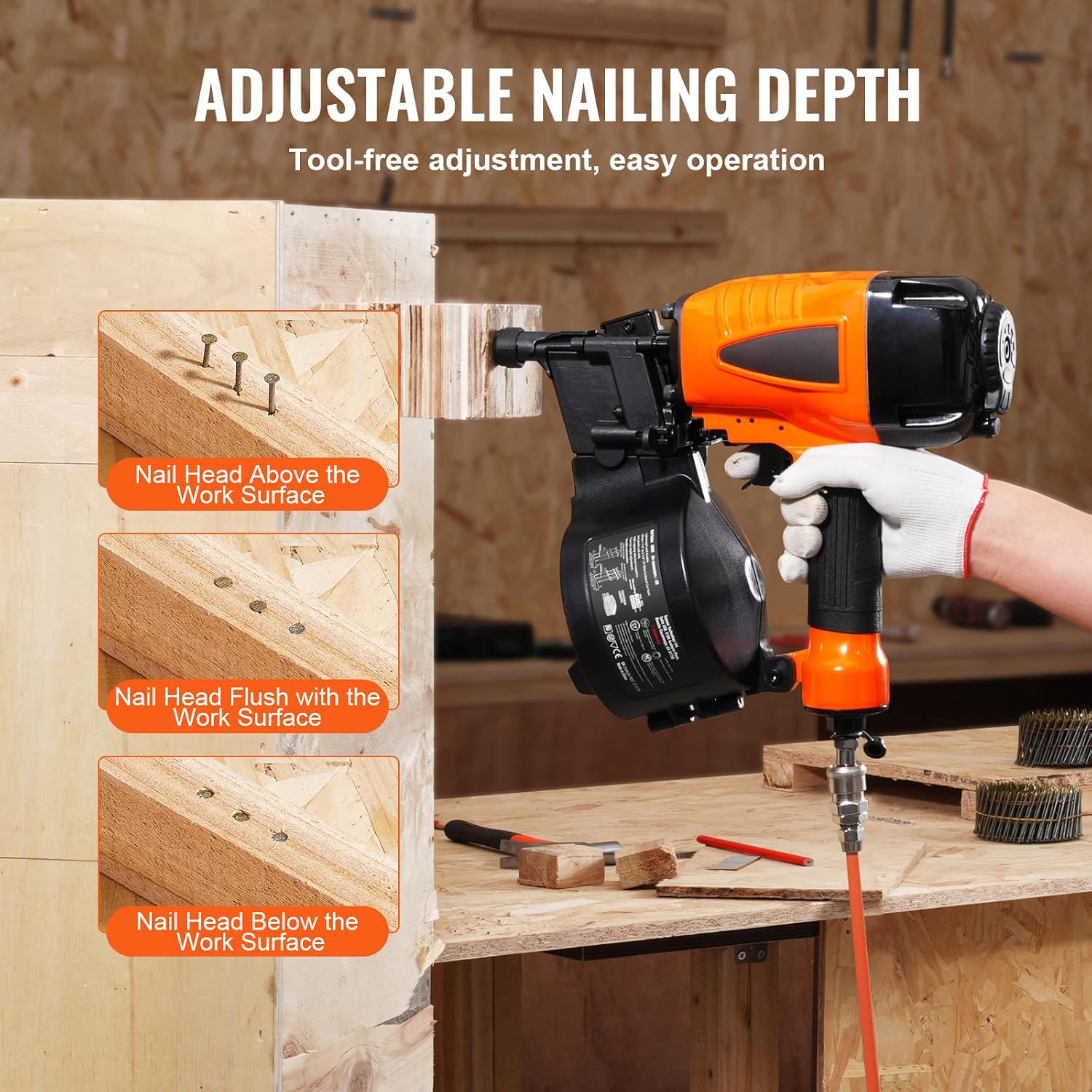 Happybuy Coil Siding Nailer CN65, 1-1/4' to 2-1/2' 15 Degree Pneumatic Siding Nail Gun with Tool-Less Depth Adjustment, 70-120PSI Air Coil Nailer for Siding, Pallet Sheathing, Wooding, Fencing