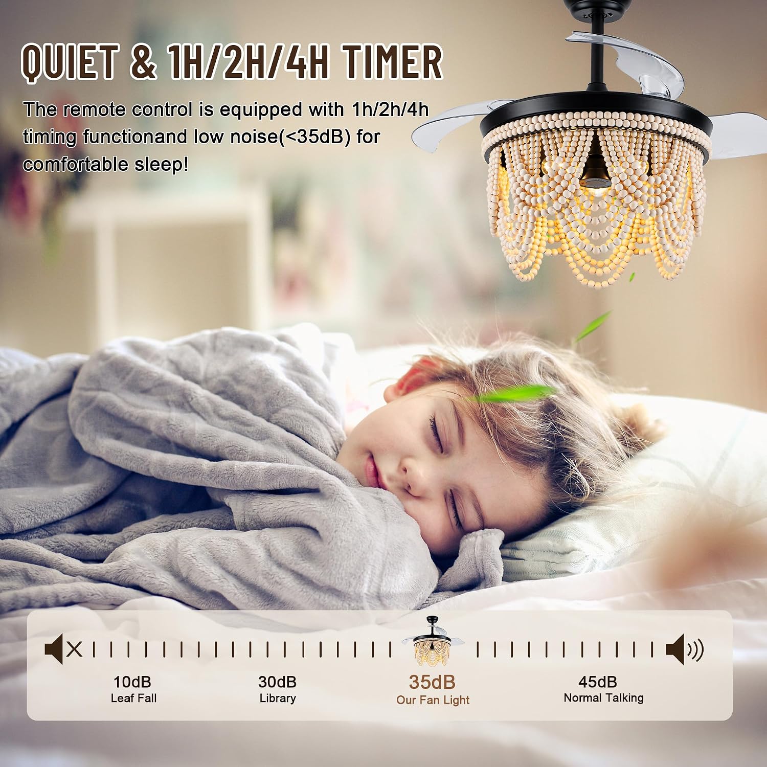 42'' Retractable Ceiling Fans with Lights and Remote,Bohemian Ceiling Fans with Wooden Beads,6 Speeds Reversible Bladeless Ceiling Fan for Bedroom Living Room Kitchen