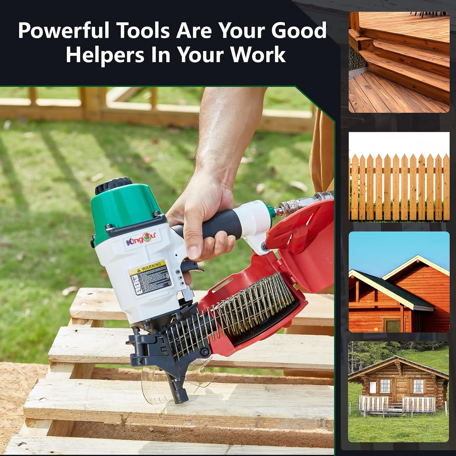 Kingou CN65099 Coil Siding Nailer Decking Nailer Accepts 1-3/4-Inch to 2-3/4-Inch Nails with 1/4 NPT Air Connector 225-300pcs Load Capacity Coil Nailer Coil Nail Gun for Wooden Box Packing
