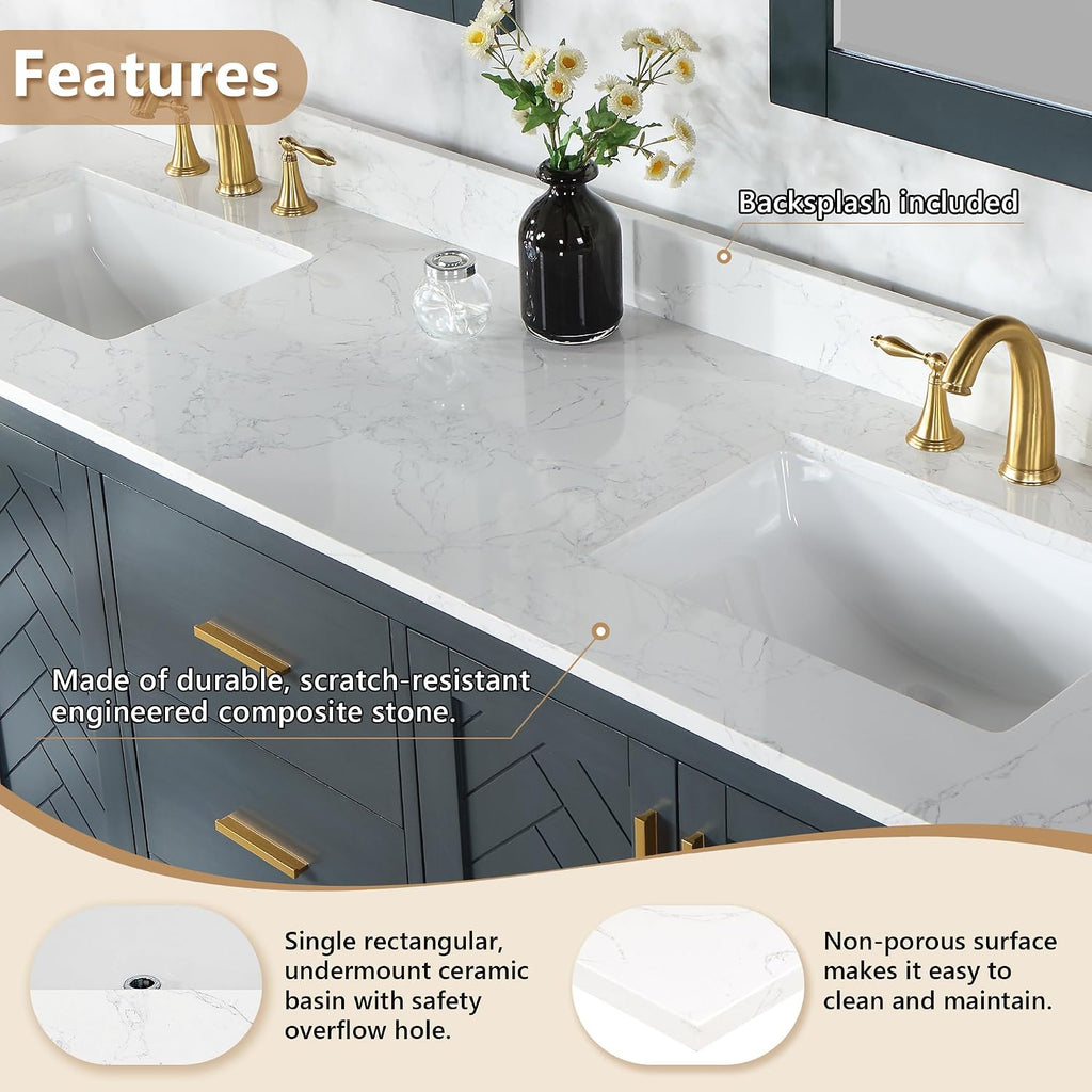 Altair Design Ceres 73' Engineered Stone Vanity Top in Grain White with Double White Sinks