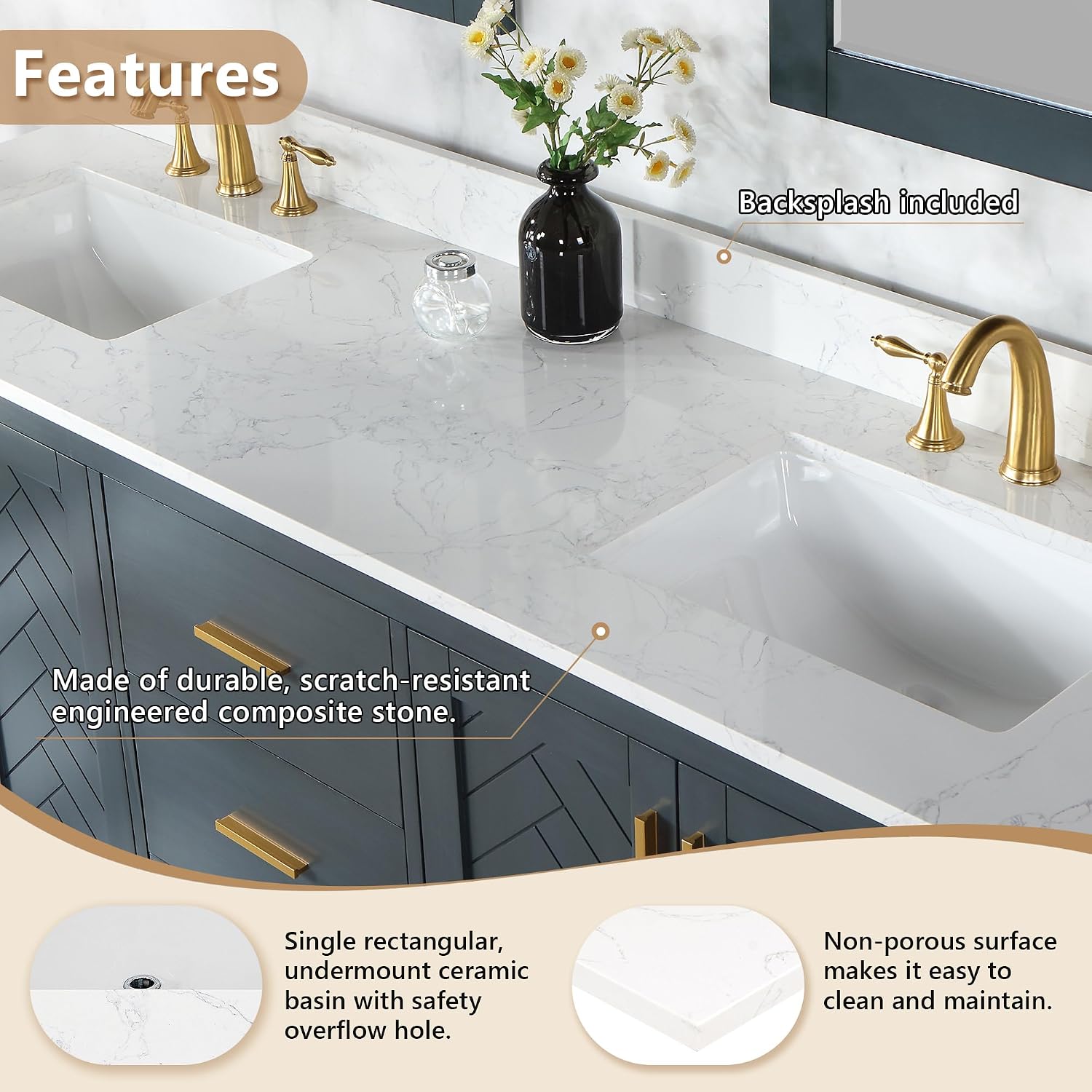 Altair Design Ceres 73' Engineered Stone Vanity Top in Grain White with Double White Sinks