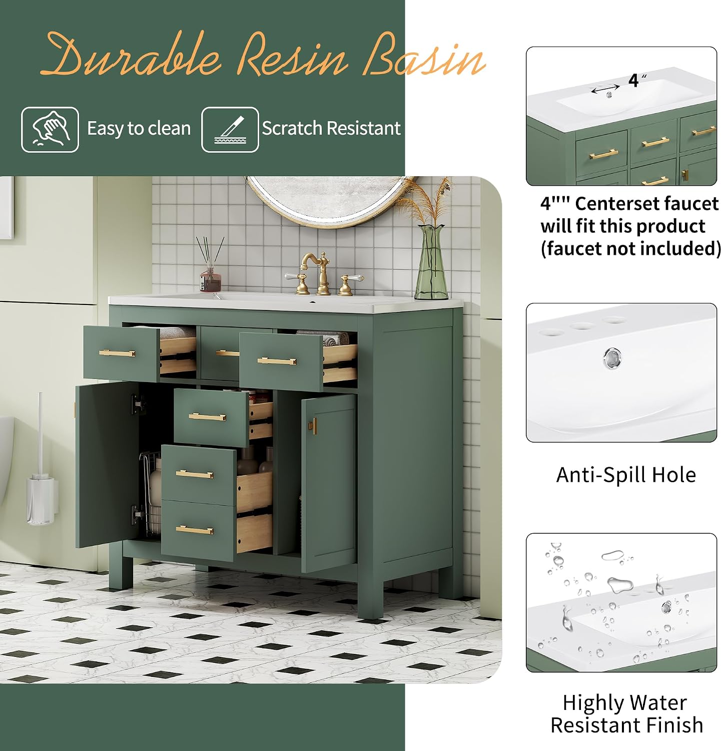 Merax 36' Bathroom Vanity with Sink, Freestanding Modern Bathroom Vanity Cabinet with Sink Top, 4 Drawers and 2 Storage Cabinets, Solid Wood Frame, Painted Finish