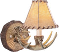 Lodge 1 Light Rustic Wood Antler Armed Wall Sconce Faux Leather Shade Noachian Stone
