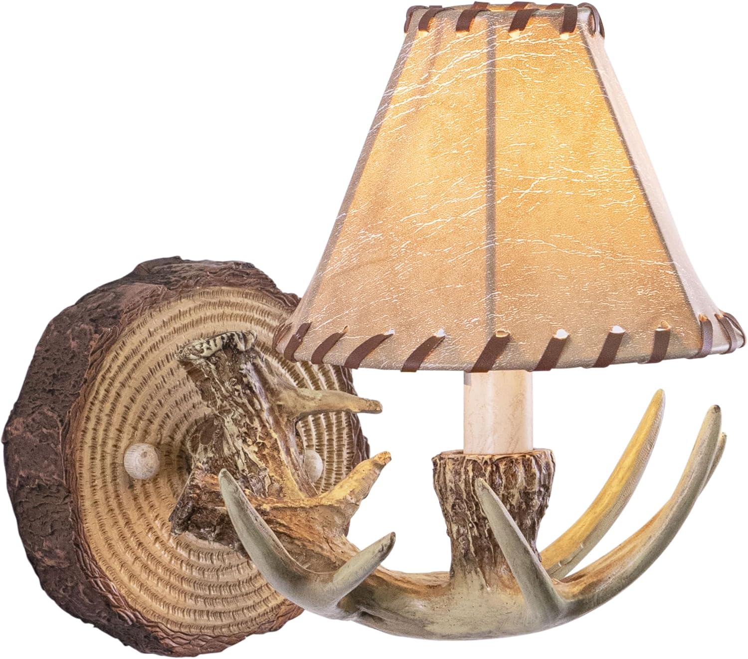 Lodge 1 Light Rustic Wood Antler Armed Wall Sconce Faux Leather Shade Noachian Stone