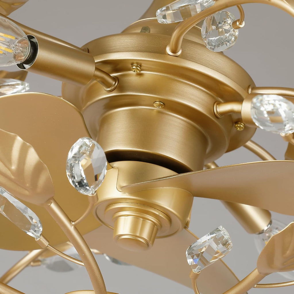 24' Gold Chandelier Ceiling Fans with Lights and Remote, Modern Crystal Leaf Caged Ceiling Fan, Quiet 6-Speed Reversible DC Motor, Dimmable Small Low Profile Ceiling Fan for Bedroom, Dining Room, E12