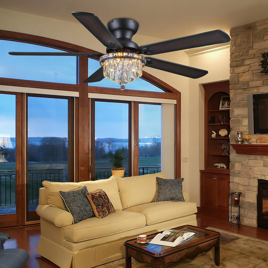 GJeg Crystal Ceiling Fan Fandelier with Lights-Ceiling Fans with Remote Control,Modern Ceiling Fan with Noiseless DC Reversible Motor,Dining Room,Living Room(52' Black)