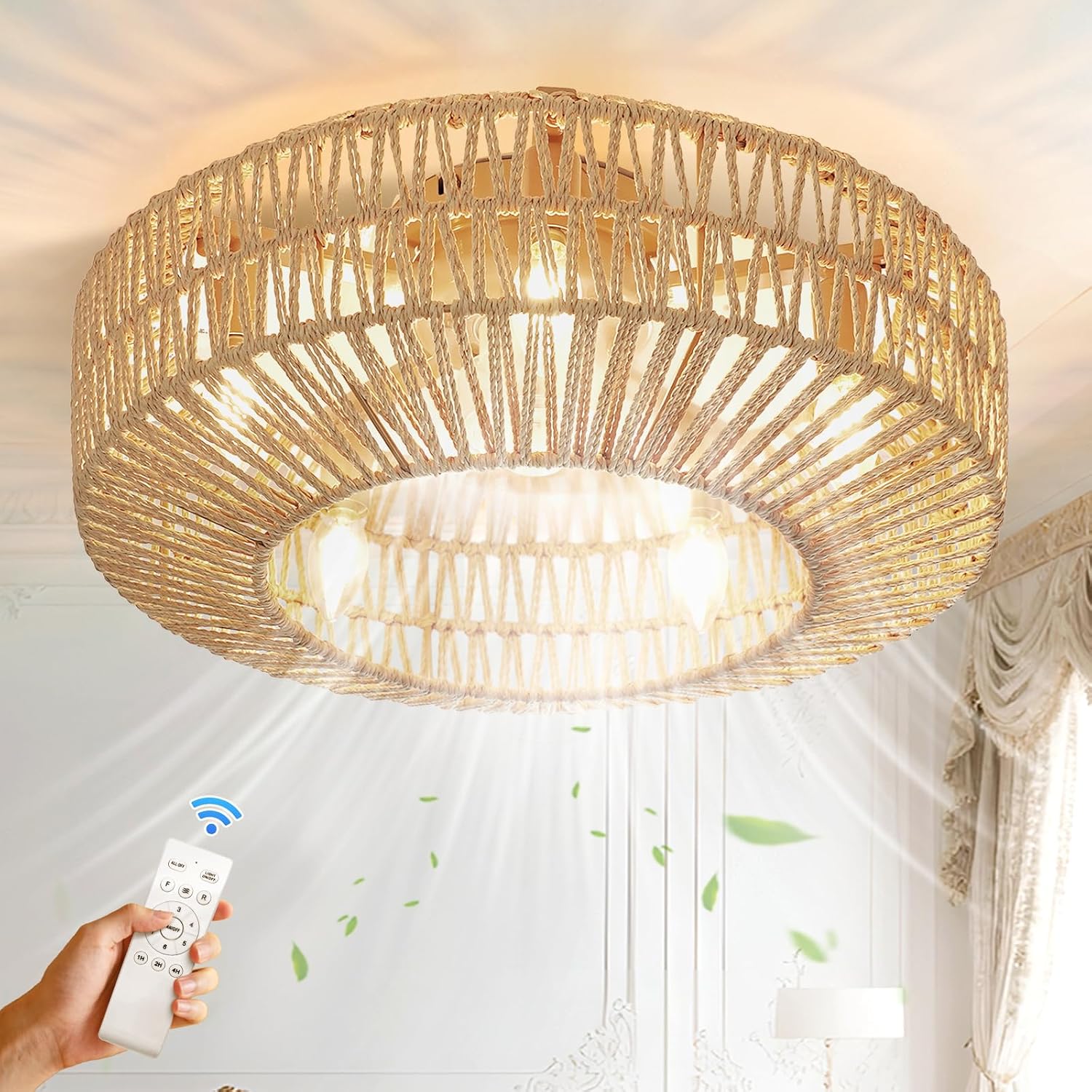 20 Inch Boho Low Profile Ceiling Fan with Soft Yellow Light, Handwoven Rattan & Hemp Design, Remote Control Fandelier - Includes 5+1 LED Bulbs, Flush Mount for Bedroom, Living Room, Patio