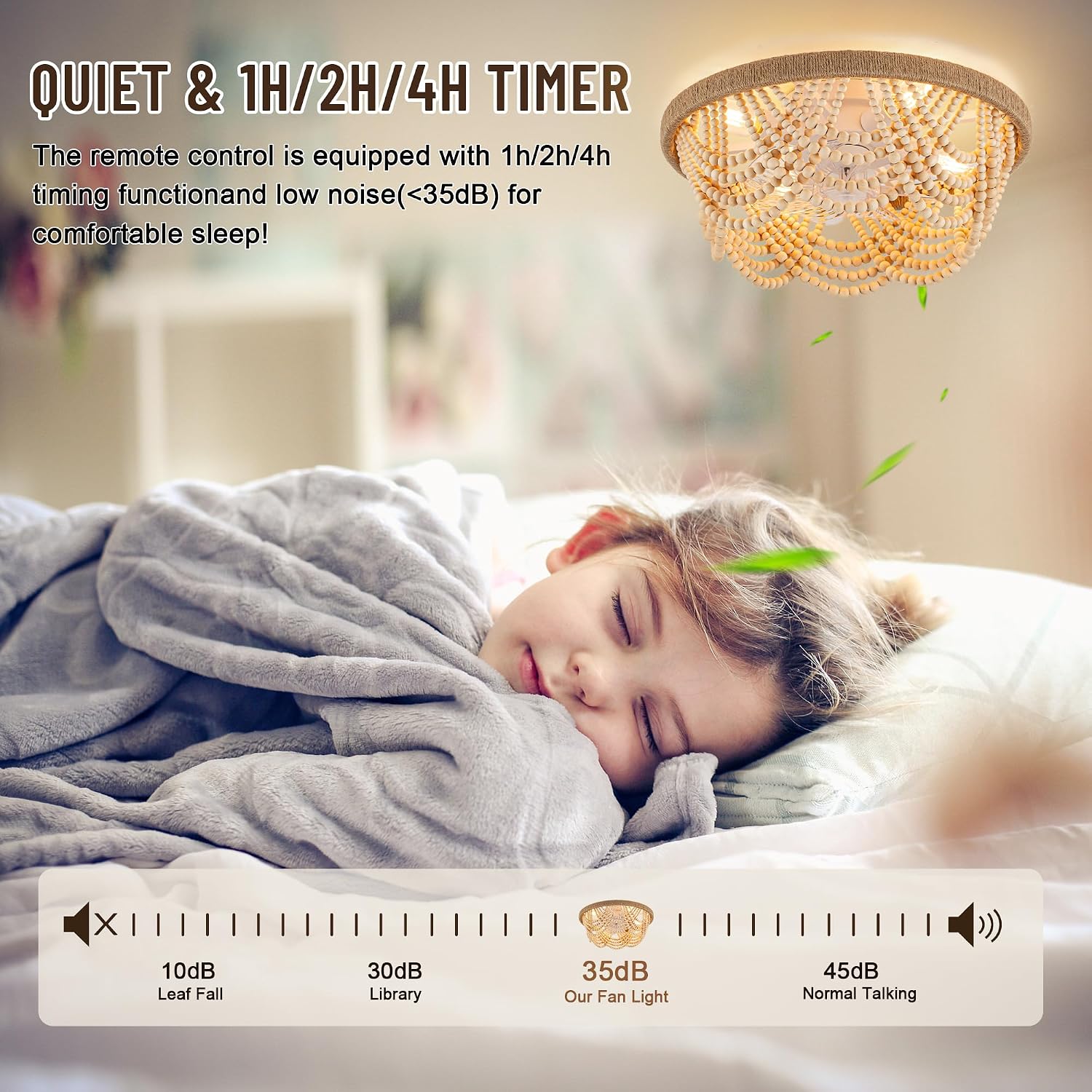 20'' Boho Ceiling Fan with Light and Remote, Wood Beads Flush Mount Ceiling Fans with 6 Speeds, Bohemian Caged Fandelier Chandelier Fan for Nursery Bedroom Living Room Hallway Patio Kitchen