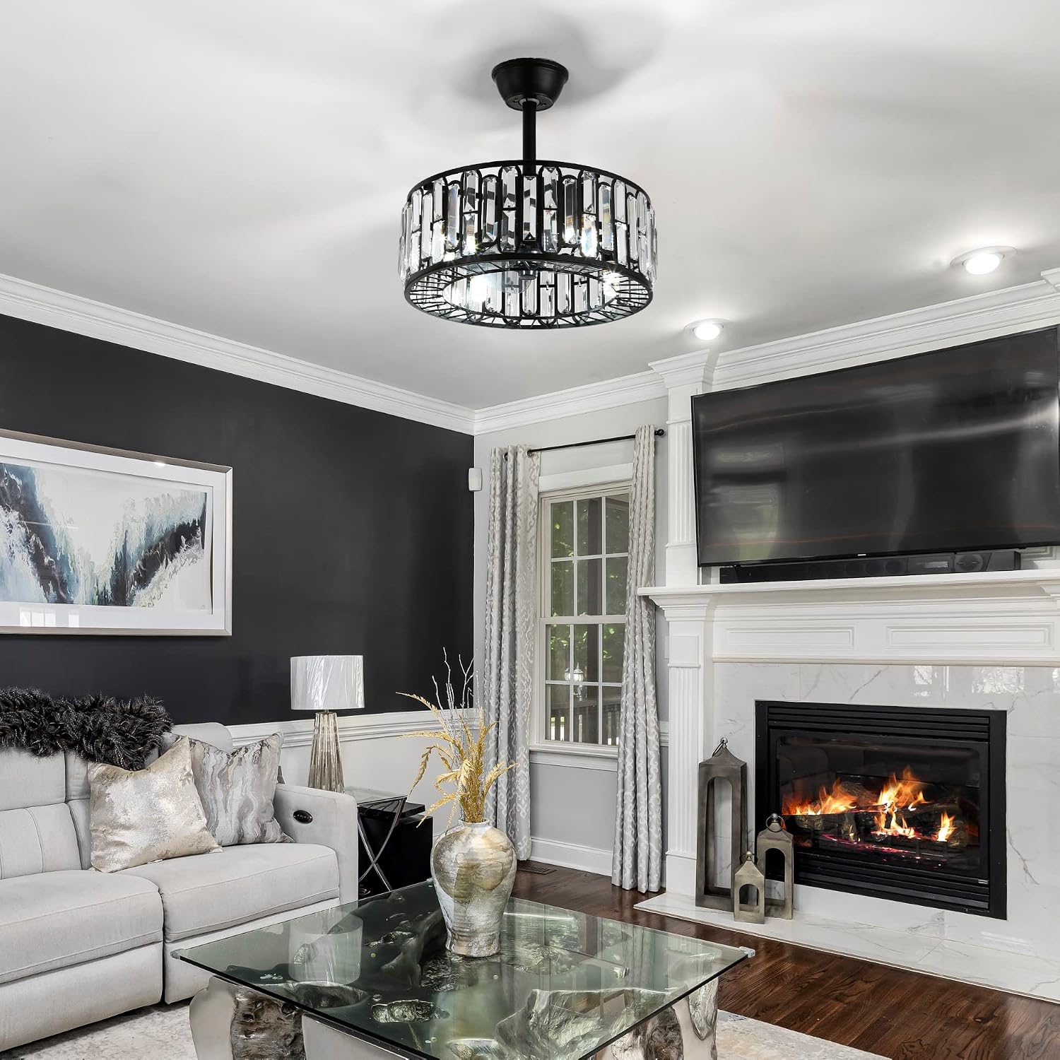 Fandian 18' Industrial Caged Ceiling Fan with Light,Bladeless Fan with 3 Speeds, Farmhouse Crystal Fandelier with Remote Control, Vintage Black Crystal Chandelier Fan for Dining Bedroom