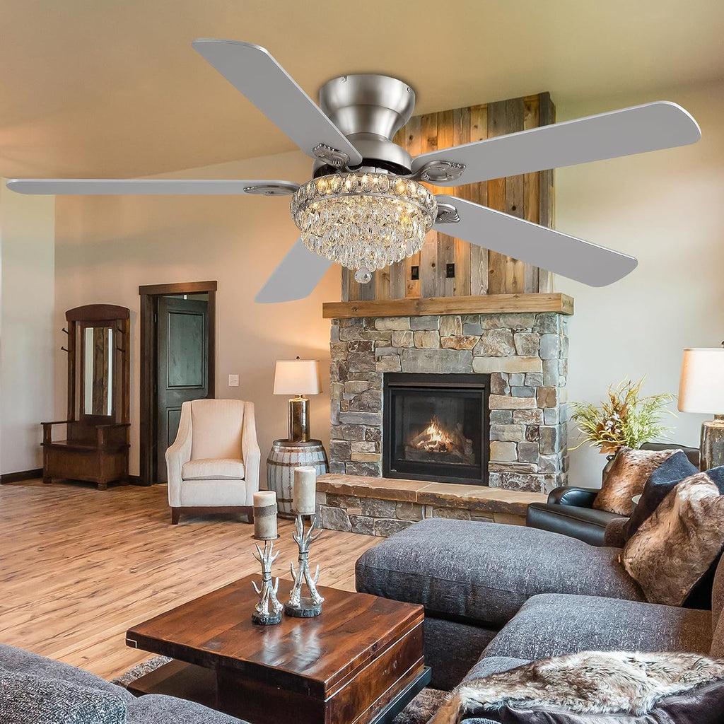 GJeg Crystal Ceiling Fan Fandelier with Lights-Ceiling Fans with Remote Control,Modern Ceiling Fan with Noiseless DC Reversible Motor,Dining Room,Living Room(52' Nickel)