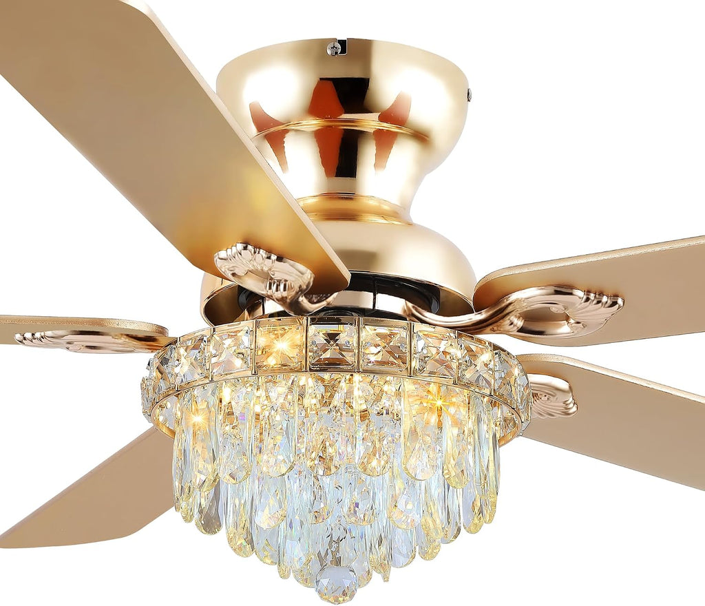 GJeg Crystal Ceiling Fan Fandelier with Lights-Ceiling Fans with Remote Control,Modern Ceiling Fan with Noiseless DC Reversible Motor,Dining Room,Living Room(52' Gold)