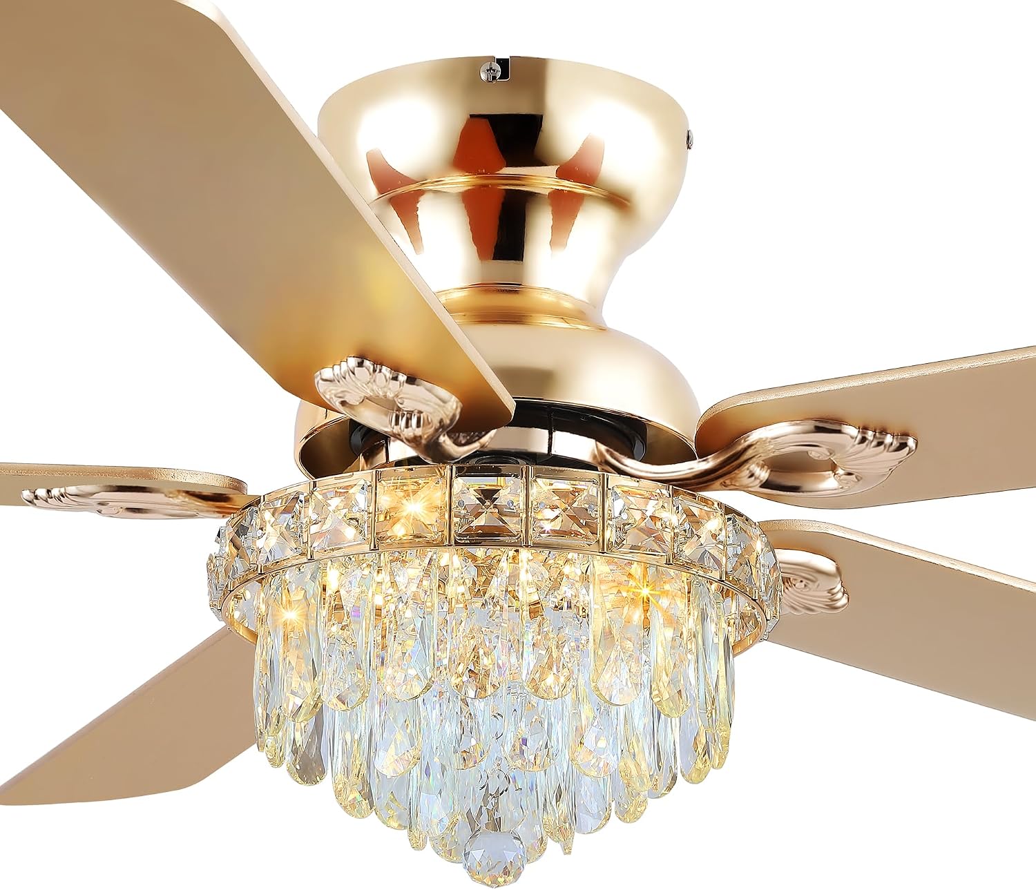GJeg Crystal Ceiling Fan Fandelier with Lights-Ceiling Fans with Remote Control,Modern Ceiling Fan with Noiseless DC Reversible Motor,Dining Room,Living Room(52' Gold)