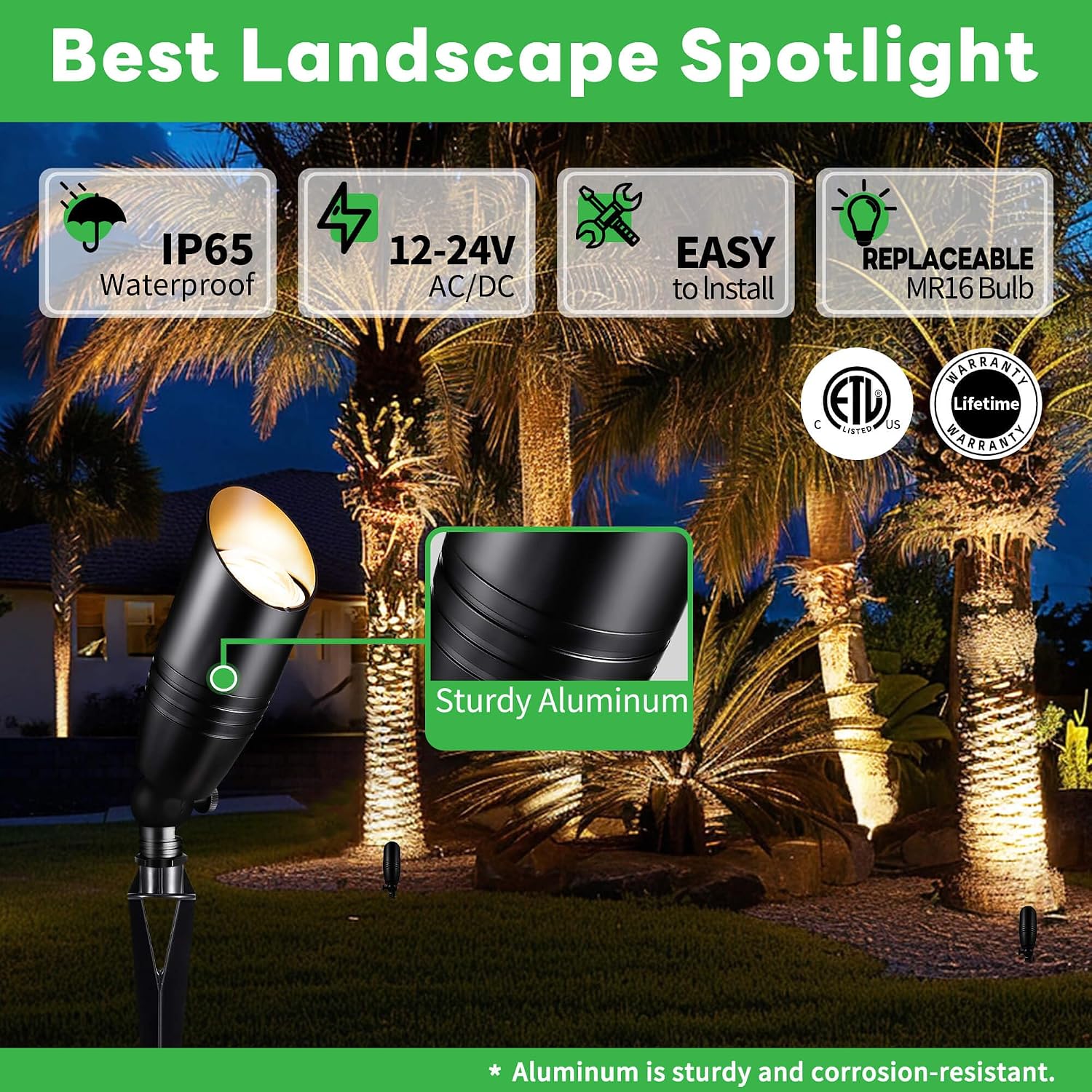 Black 12V Landscape Spotlight Kit, 4 Pack LED Low Voltage Outdoor Light and 100FT Cable and 20 Wire Connectors, Aluminum Uplight for Plant Fence Yard Outside Decoration, Without Transformer