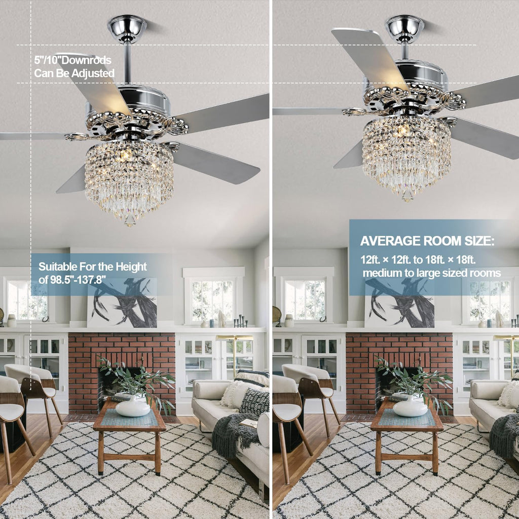 52 Inch Crystal Ceiling Fan with Light and Remote Control, Chrome Modern Chandelier Ceiling Fan Fandelier for Living Room Bedroom