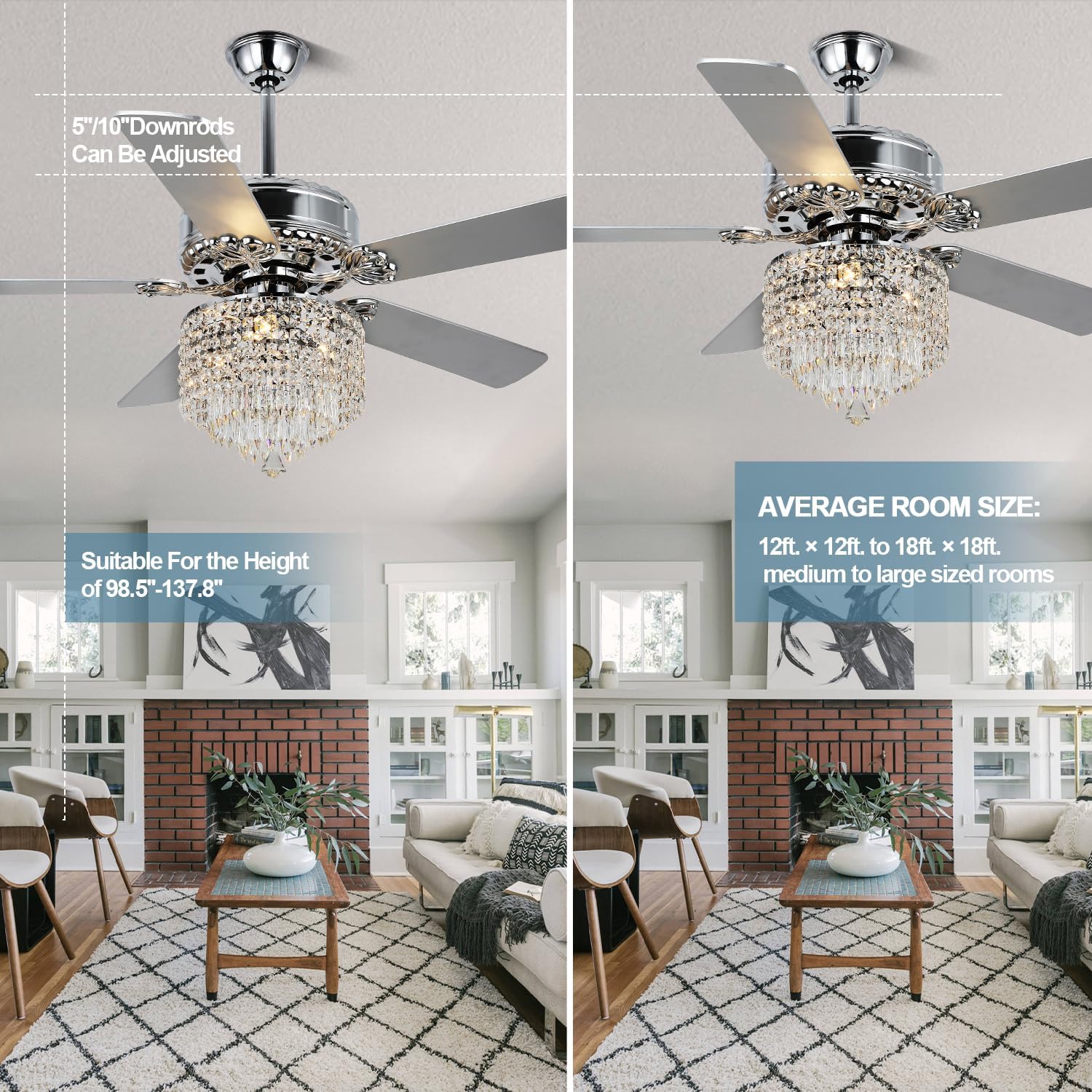 52 Inch Crystal Ceiling Fan with Light and Remote Control, Chrome Modern Chandelier Ceiling Fan Fandelier for Living Room Bedroom