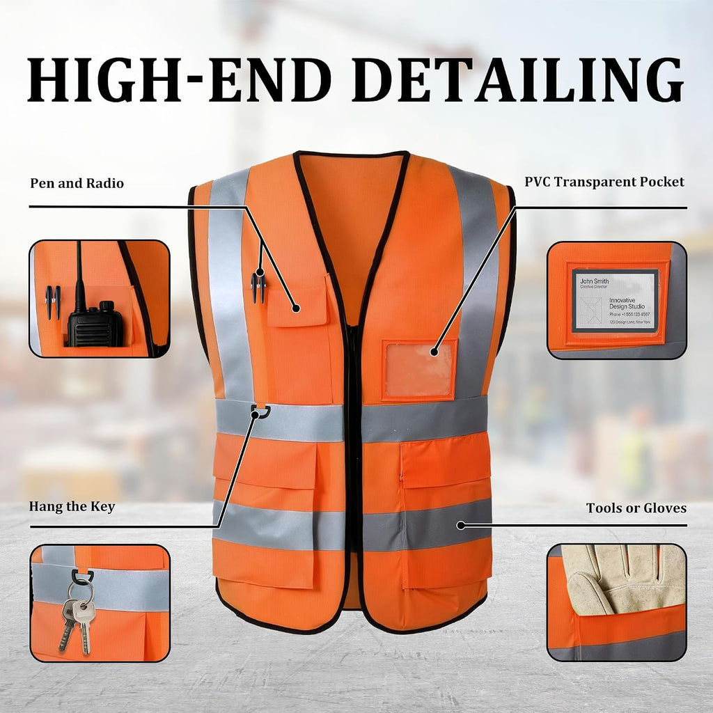 Custom Safety Vest, High Visibility Reflective Personalized Vest with Logo and Pockets for Men Women Construction