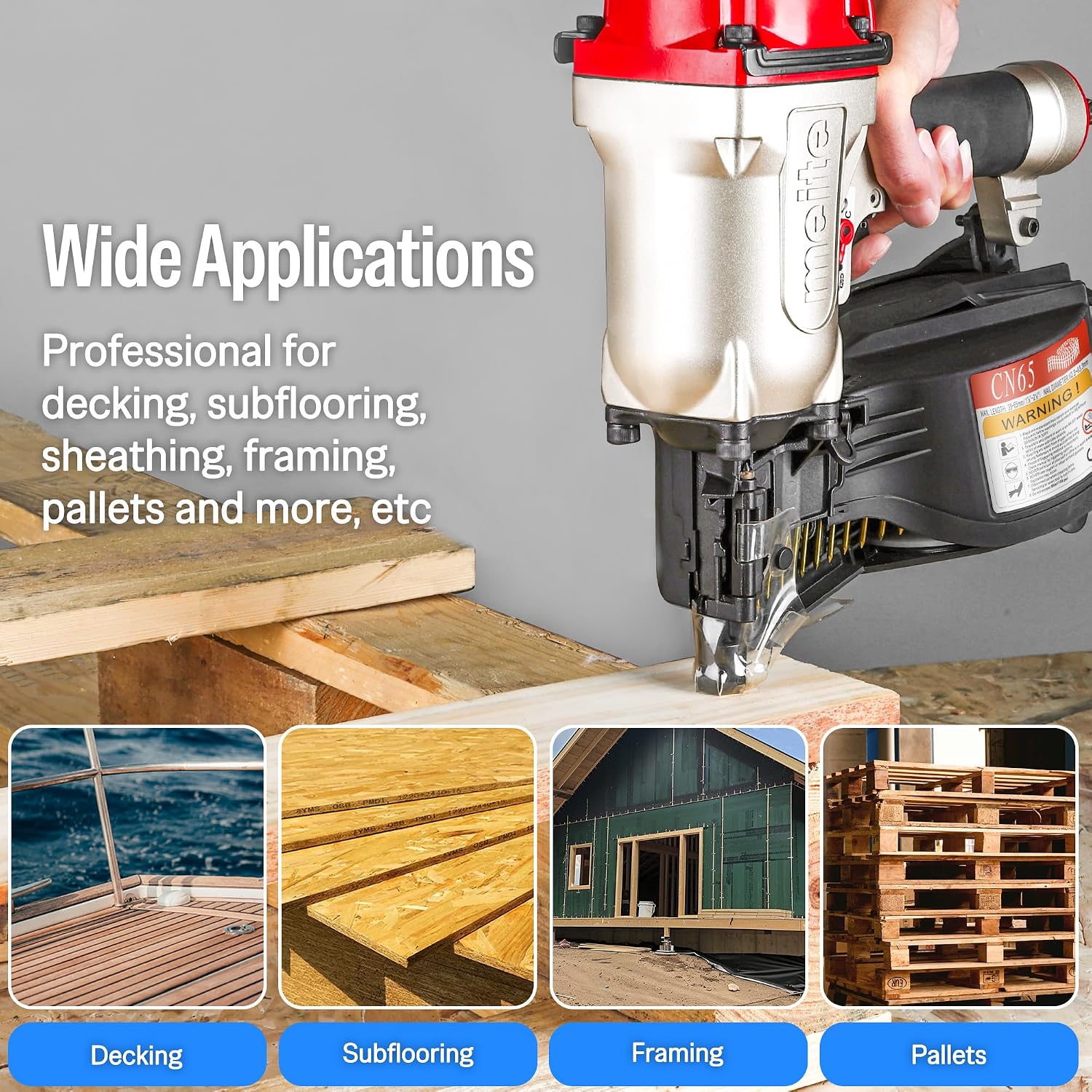 meite CN65 Pneumatic Coil Nailer with 15 Degree Siding Nails 2' × .099'' - Air Coil Nail Gun with 300PCS Magazine, 360° Adjustable Exhaust for Framing Sheathing Pallets Hardwood Projects