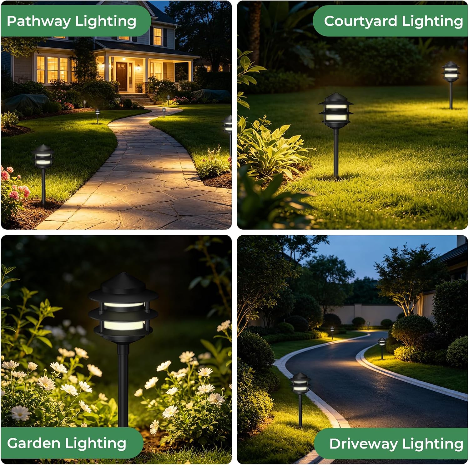 Gardencoin Pagoda Low Voltage Landscape Pathway Lights, 12V Outdoor LED Path Lights Wired, Aluminum Walkway Lighting with 4W 2700K Replaceable G4 Bulb, Classic 3-Tier Lantern, 12 Pack