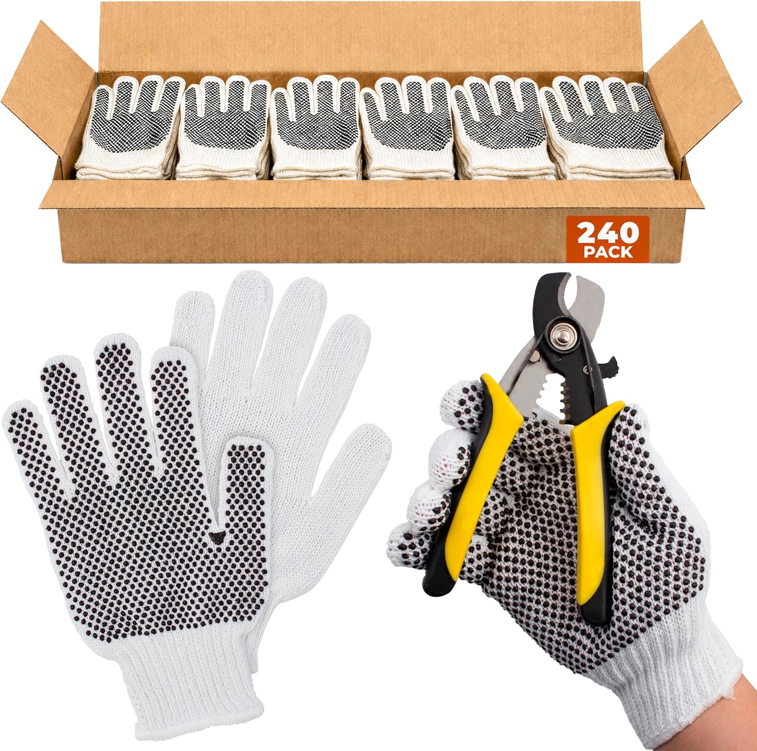 ABC PACK & SUPPLY Work Gloves Bulk, White Polyester Cotton Glove with Black PVC Palm Dots, String Knit Gloves