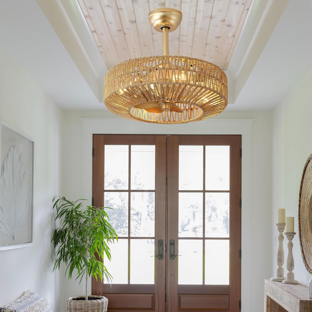 20 inch Boho Ceiling Fan with Light, 6 Speeds, Remote Control, Timer Function, Bladeless Design, Gold