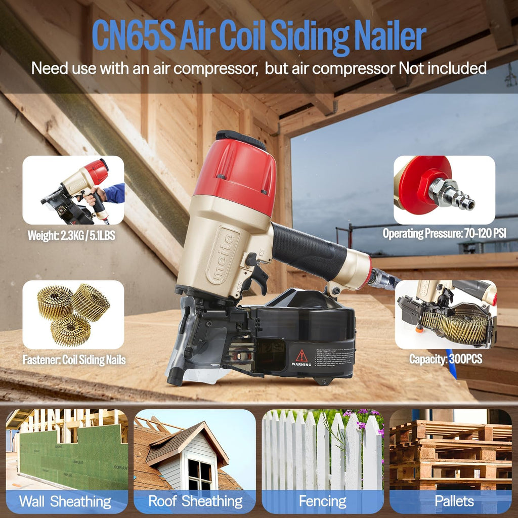 meite CN65S Coil Siding Nailer - Pneumatic Nail Gun with 360° Exhaust & Safety Lock, Professional Air Coil Nailer Lightweight Fencing & Decking Tools, Accepts 15 Degree 1-1/2'' to 2-1/2'' Coil Nails