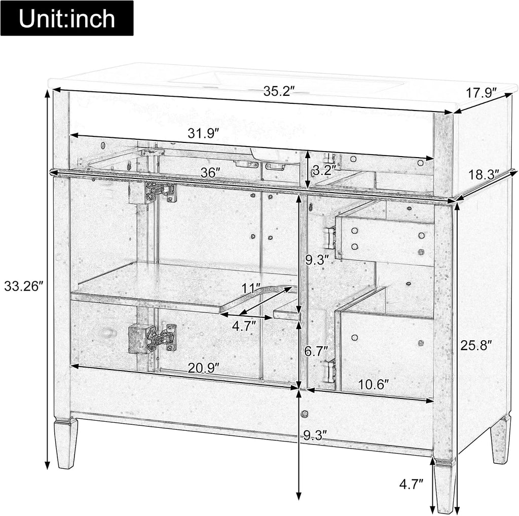 36' Bathroom Vanity with Ceramic Sink Top, One Tip-Out Drawer and Three Side Drawers, Soft-Closing Doors, Adjustable Shelf, Solid Wood Frame, White