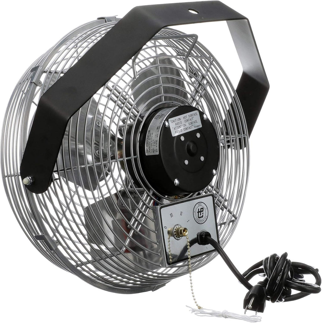 TPI U-12-TE Wall Mount Heavy Duty Ceiling Barn Fan for Garage, Shop, Workstation, Patio, 12' High-Velocity Commercial Indoor/Outdoor Fan, 1/12 Hp