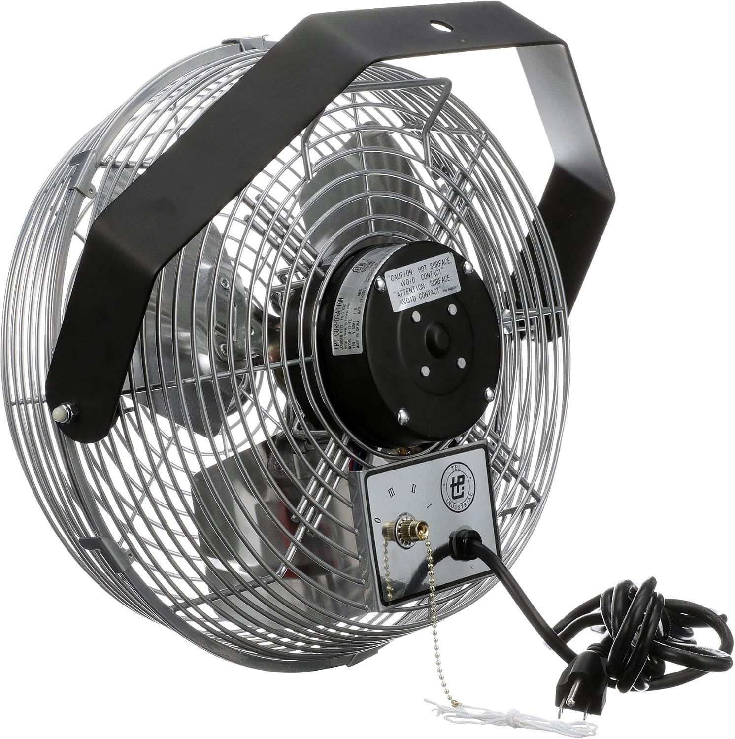 TPI U-12-TE Wall Mount Heavy Duty Ceiling Barn Fan for Garage, Shop, Workstation, Patio, 12' High-Velocity Commercial Indoor/Outdoor Fan, 1/12 Hp