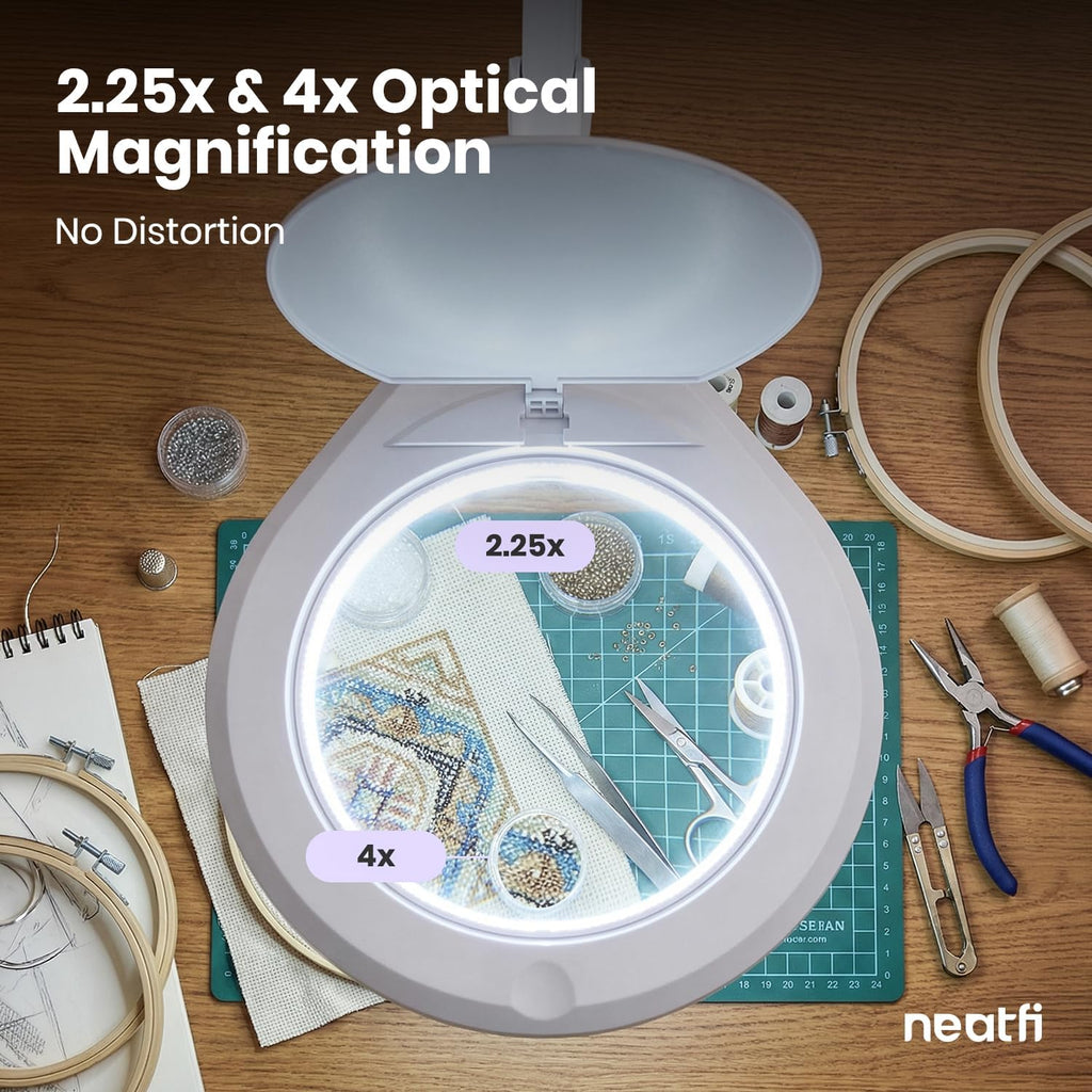 Neatfi Elite Super LED Magnifying Lamp with Clamp – 6' Glass Lens, 2.25X/4X Bifocal, 6500K Daylight | Glare-Free, Nonpolar Dimming | Reading, Crafting & Precision Work (6 Inch Lens, White)