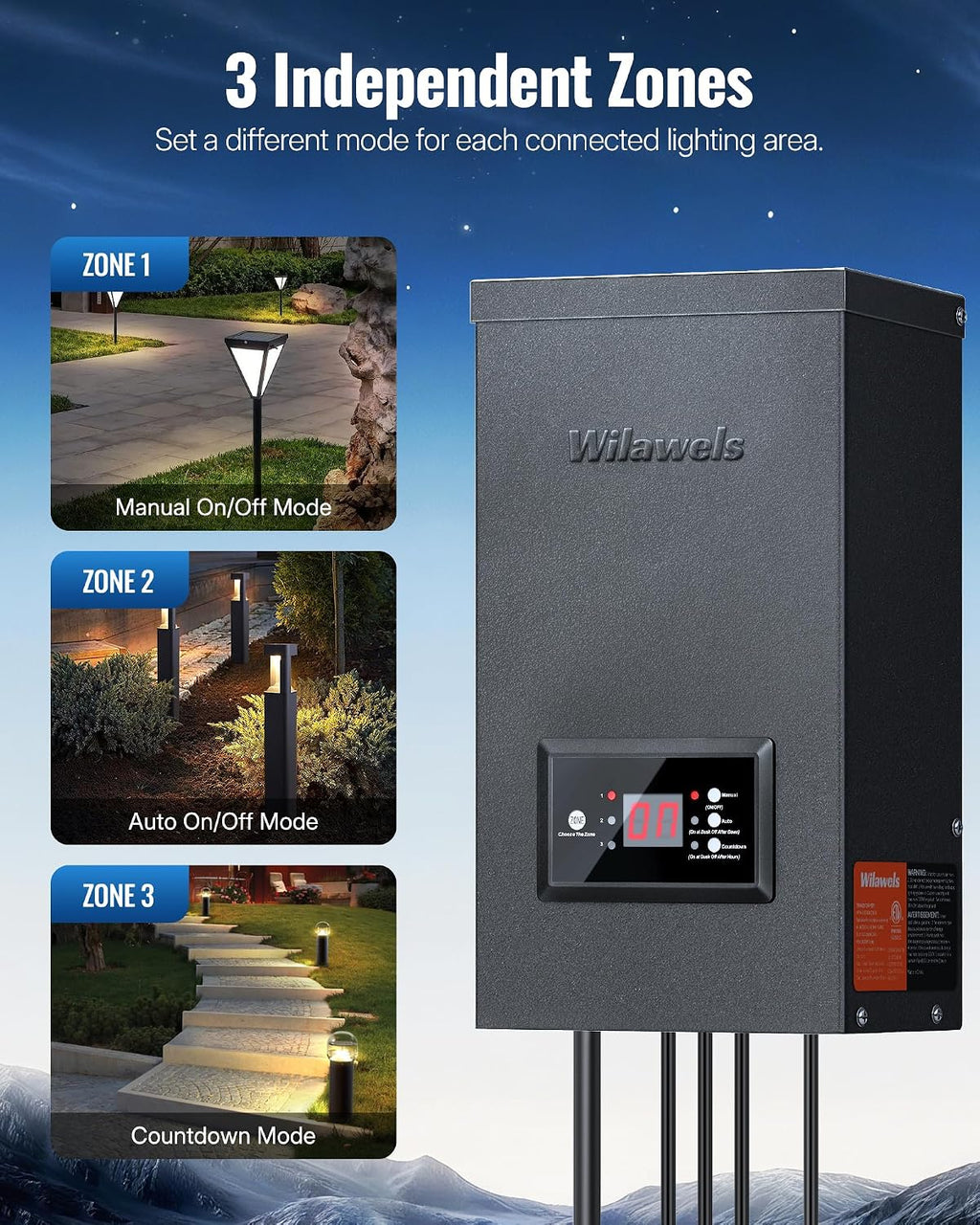 600W Low Voltage Landscape Transformer, 3 Zone Independent Control Landscape Lighting Transformer, 120VAC to 12/14V AC Low Voltage Transformer with Timer & Photocell Sensor ETL Listed C32LT06