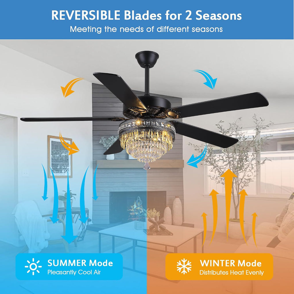 GJeg Crystal Ceiling Fan Fandelier with Lights - Outdoor Ceiling Fans with Remote Control, Farmhouse Ceiling Fan with Noiseless DC Reversible Motor,Dining Room,Living Room(62' Black)