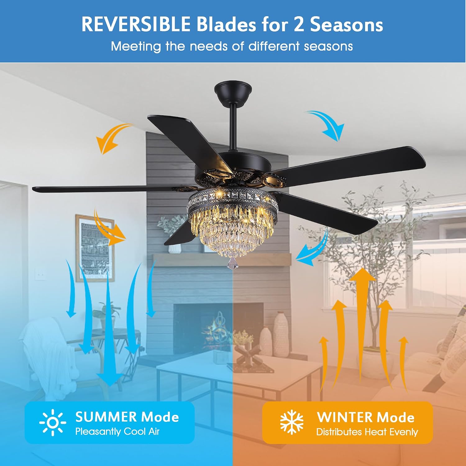 GJeg Crystal Ceiling Fan Fandelier with Lights - Outdoor Ceiling Fans with Remote Control, Farmhouse Ceiling Fan with Noiseless DC Reversible Motor,Dining Room,Living Room(62' Black)