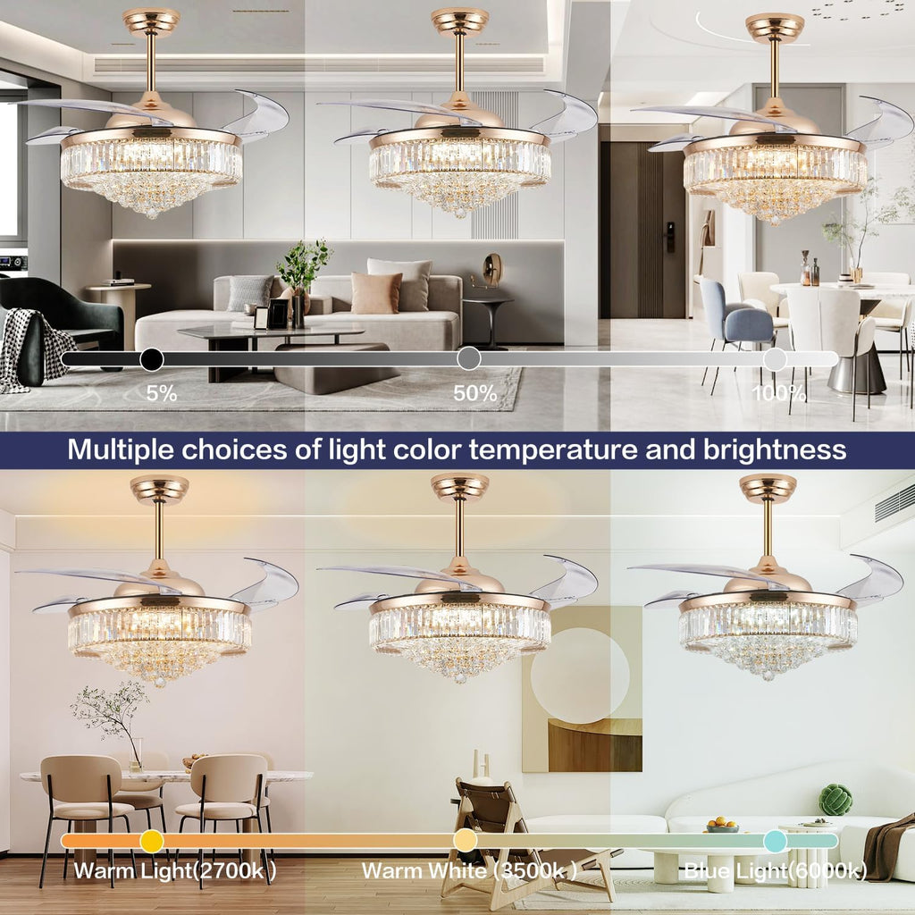 52'' Crystal Ceiling Fan with Light and Remote,Modern Gold Fandelier with Invisible Retractable Blades,Dimmable Chandelier Ceiling Fan for Bedroom Living Room Dining Room