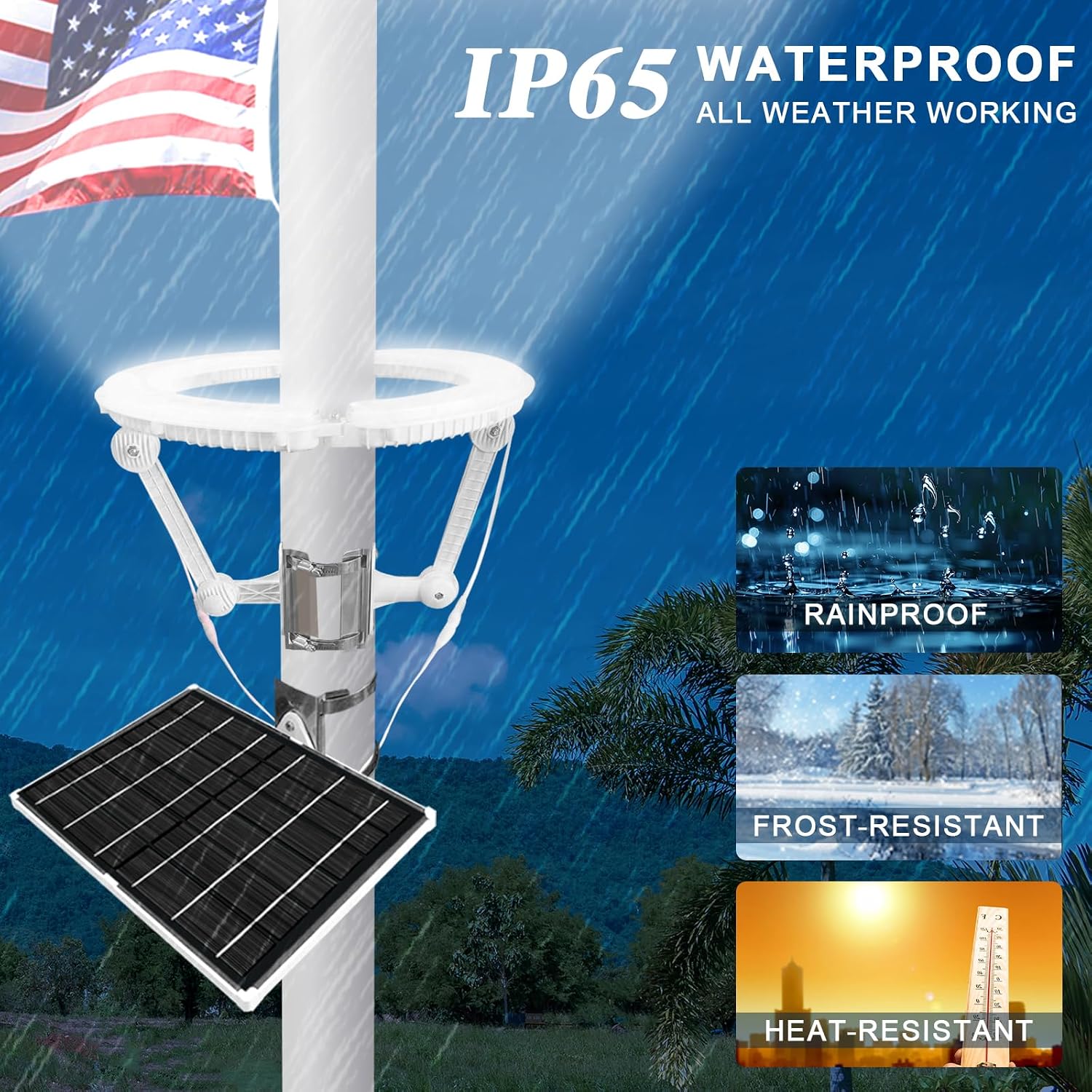Flagpole Light Solar Powered, 32 Super-Bright LEDs Light Large High-efficient Solar Panel with Adjustable Metal Clamps Fits 2-6'' Flag Poles, for 15 to 25 Ft In-Ground Telescoping Flag Poles