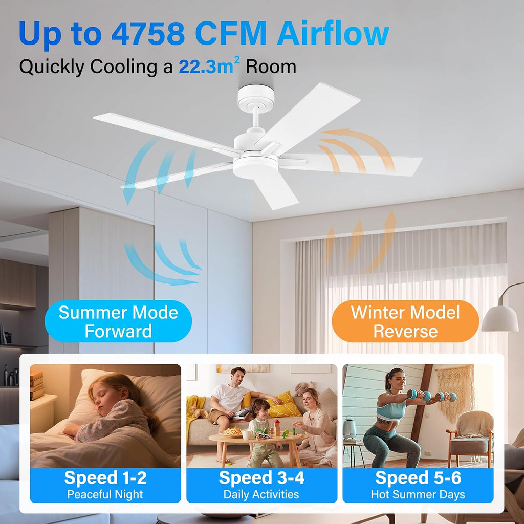 Lorpies 52' Smart Ceiling Fan with Lights Remote,Voice Control via Alexa Google WIFI App,Ultra Quiet DC Motor,Outdoor Indoor Modern Ceiling Fans,6-Speed for Bedroom Patio Porch,White and Wood Color