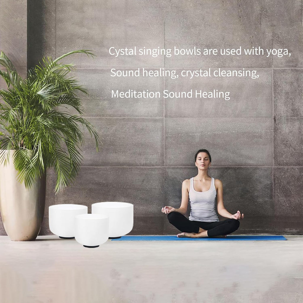 Hye-eun 3pcs 8'B 10'F 12'C Frosted Quartz Crystal Singing Bowl Set 432hz with Free Carry Bag Mallets & Rubber for Sound Healing Bath Keep Balance Therapy Meditation Yoga
