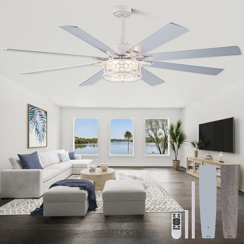 72 Inch Farmhouse Ceiling Fan with Lights Large Chandelier Caged Fan with Quiet Reversible DC Motor Rustic Fan with Wooden Blades White - Ideal for Bedroom, Living Room, Dining Room, Any Big Spaces