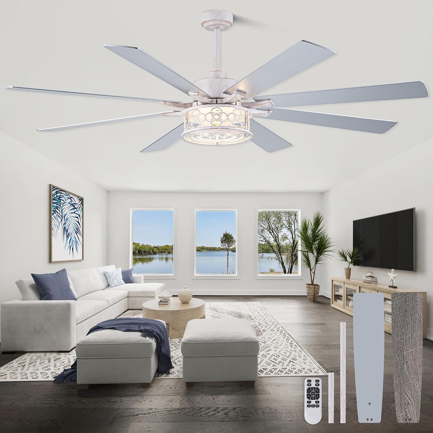 72 Inch Farmhouse Ceiling Fan with Lights Large Chandelier Caged Fan with Quiet Reversible DC Motor Rustic Fan with Wooden Blades White - Ideal for Bedroom, Living Room, Dining Room, Any Big Spaces
