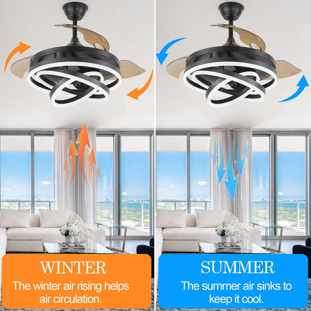 42' Retractable Ceiling Fan with Lights and Remote, Black Fandelier Ceiling Fan Modern Chandelier LED Light, Reversible Quiet DC Motor 3CCT Dimmable 6 Speed for Bedroom Living Room