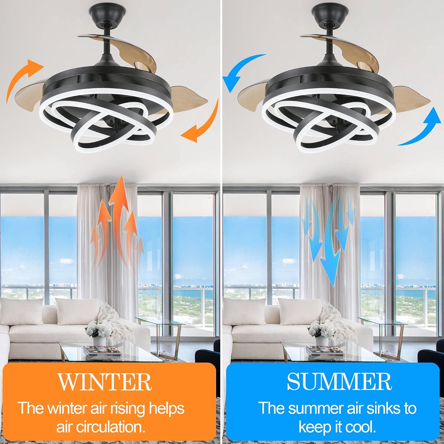 42' Retractable Ceiling Fan with Lights and Remote, Black Fandelier Ceiling Fan Modern Chandelier LED Light, Reversible Quiet DC Motor 3CCT Dimmable 6 Speed for Bedroom Living Room