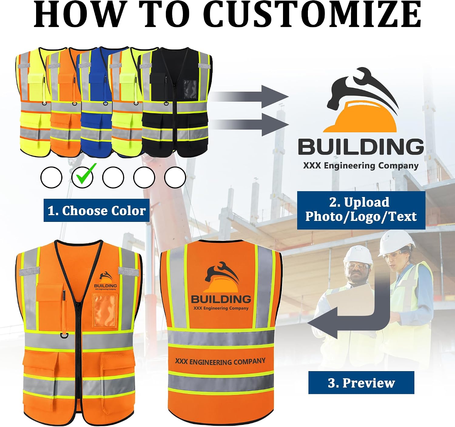 Custom Safety Vest with Logo, High Visibility Reflective Personalized Vest with Pockets and Zipper for Men Women Work