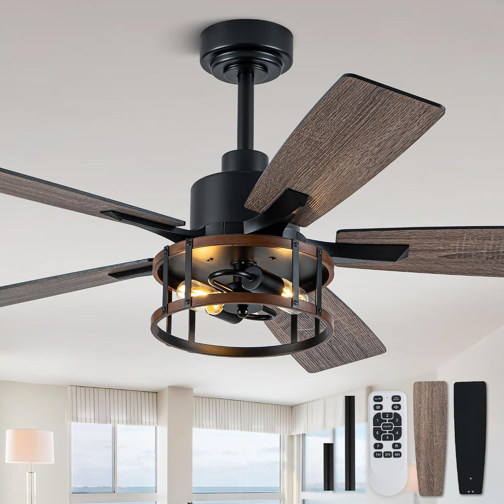 52IN Farmhouse Ceiling Fans with Lights and Remote,Chandelier Ceiling Fan with Reversible DC Motor,5 Double Finish Wood Blades,6 Speeds,Rustic Caged Ceiling Fan for Living Room,Dining Room,Bedroom
