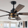 52IN Farmhouse Ceiling Fans with Lights and Remote,Chandelier Ceiling Fan with Reversible DC Motor,5 Double Finish Wood Blades,6 Speeds,Rustic Caged Ceiling Fan for Living Room,Dining Room,Bedroom