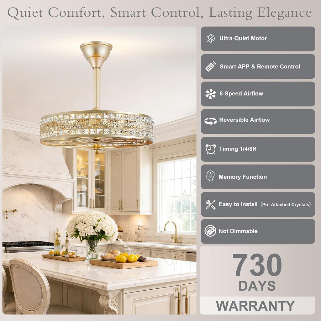 24 Inch Fandelier Ceiling Fan with Light and Remote, Luxury Crystal French Rococo Chandelier Fan, Bladeless Enclosed Caged Pendant Light Fixture for Living Room, Bedroom, Dining Room, Kitchen Island
