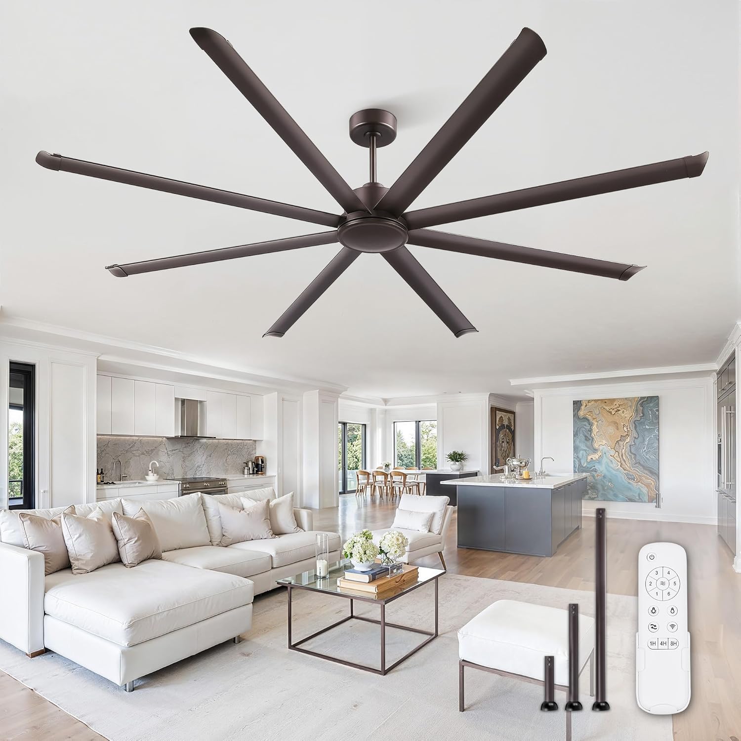 ZMISHIBO 96' Large Industrial Ceiling Fans No light with Aluminum 8 Blades, Commercial HVLS Ceiling Fan without Light,Quiet DC Motor,6 Speeds, Indoor Outdoor Ceiling Fan for Garage Shop, Oil Bronze