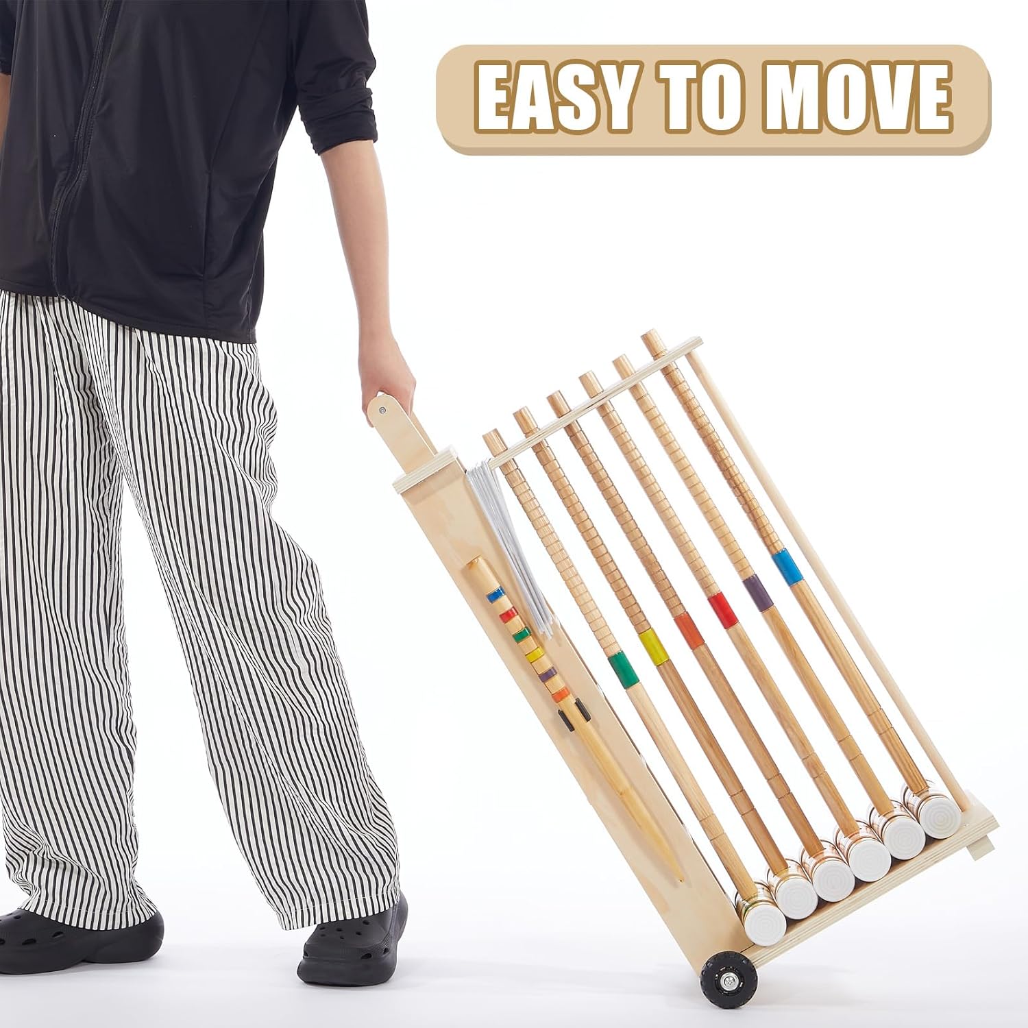 Hiboom 6 Player Croquet Set for Adults with Wooden Stand, Rubber Wooden Mallets, Colored Balls and Steel Wicket for Family & Friends, Great for Outdoor Lawn, Backyard Park