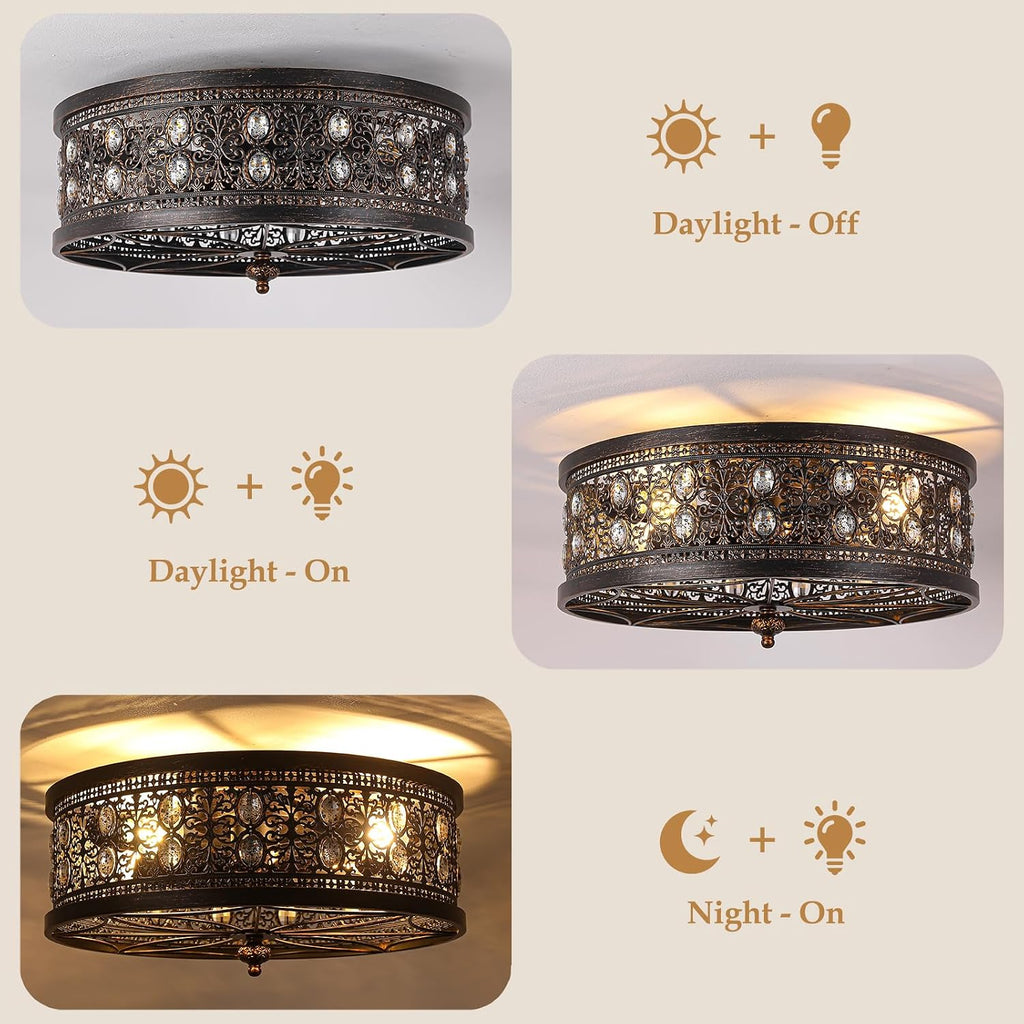 20' Vintage Fandelier Ceiling Fan with Light, Low Profile Caged Ceiling Fan in Distressed Black and Bronze, Farmhouse Chandelier Fan with Oval Crystals for Bedroom, Kitchen, Living Room,Small Room