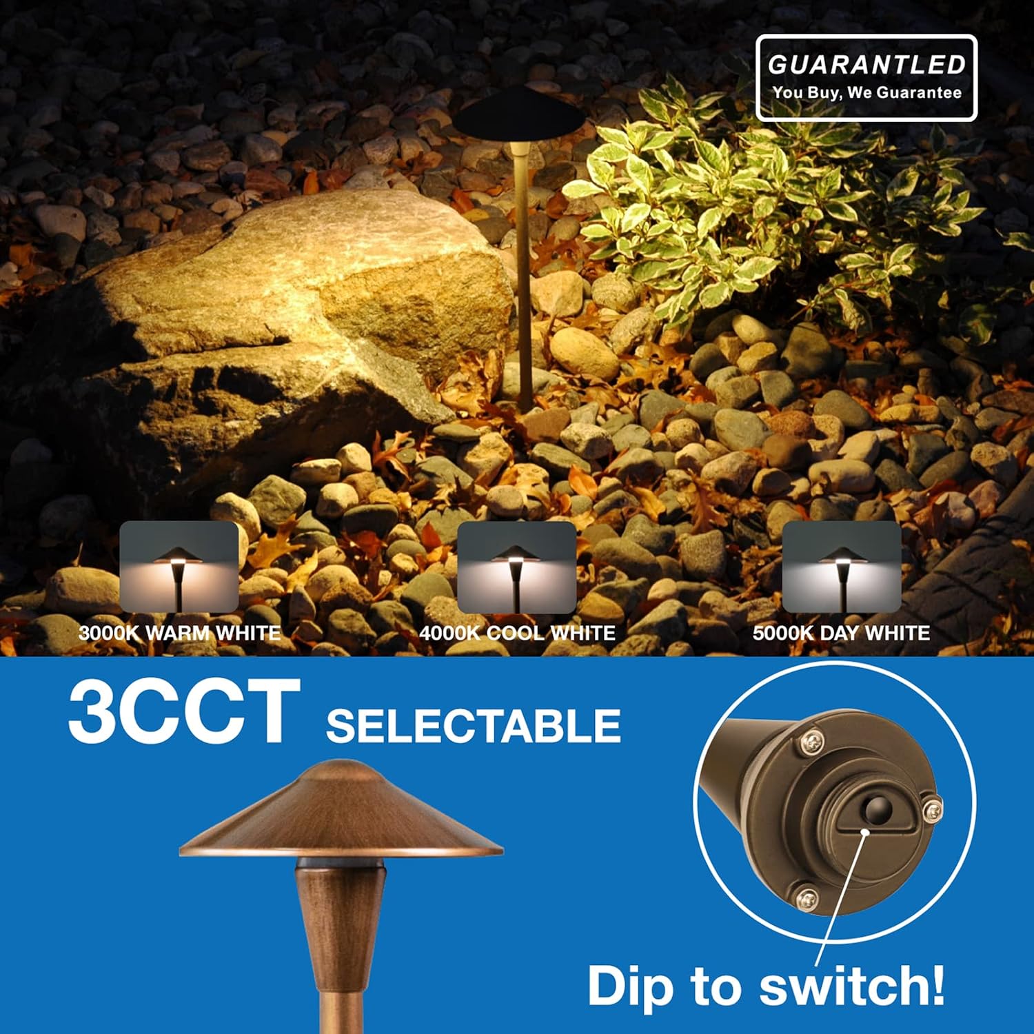 Low Voltage Pathway Lights 6 Pack, 12–24V 150lm Wired LED Landscape Path Lights with Premium Brass Finish, 3CCT Adjustable, Wet Location Rated for Outdoor Walkway, Yard, Garden & Driveway Edge