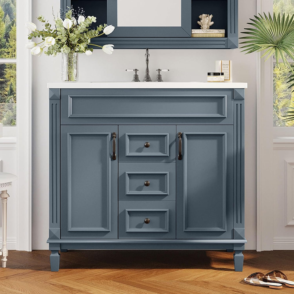 Merax 36'' Bathroom Vanity with Top Sink, Modern Bathroom Storage Cabinet with 2 Soft Closing Doors and 2 Drawers, Single Sink Bathroom Vanity,Blue